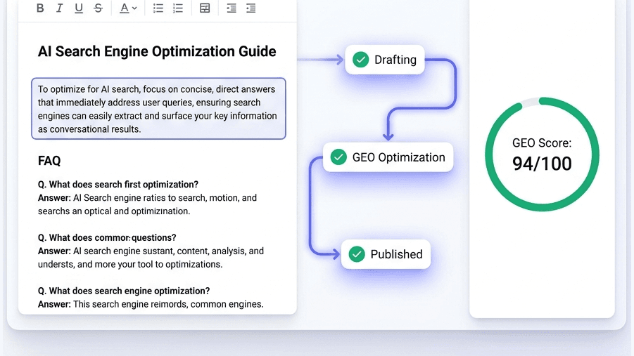 Content pipeline drafting answer-first articles and publishing them to a connected CMS.